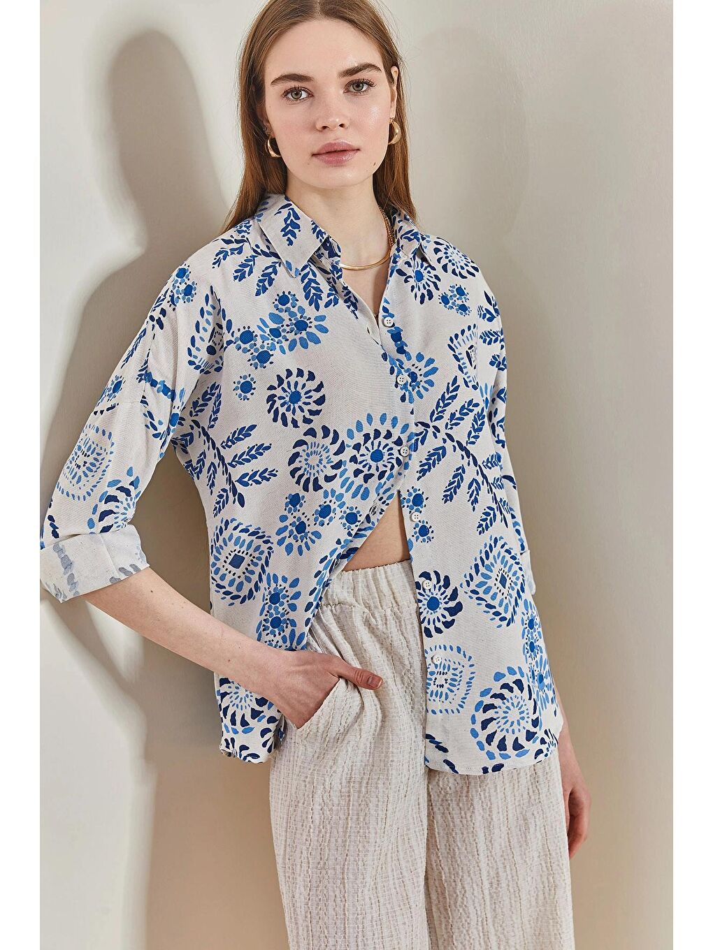 Mavi Kadın Damla Desenli Oversize Gömlek-1