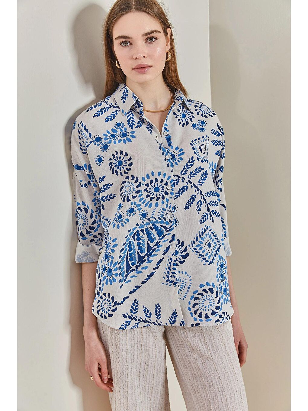 Mavi Kadın Damla Desenli Oversize Gömlek-2