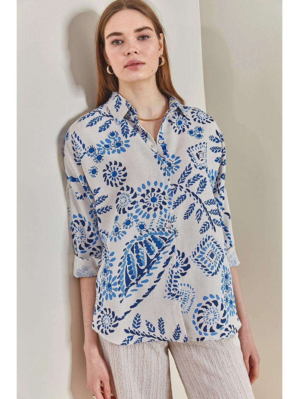 Mavi Kadın Damla Desenli Oversize Gömlek-3