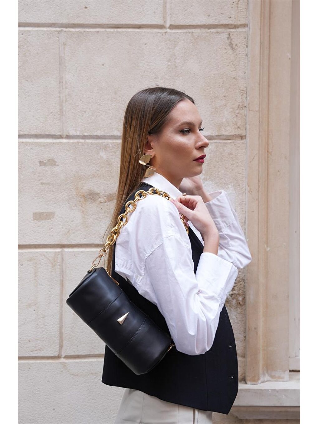 Zincir Askılı Silndir Çanta Siyah-1