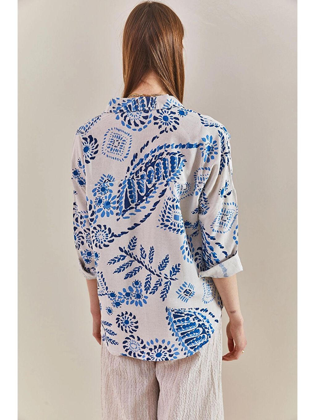 Mavi Kadın Damla Desenli Oversize Gömlek-4