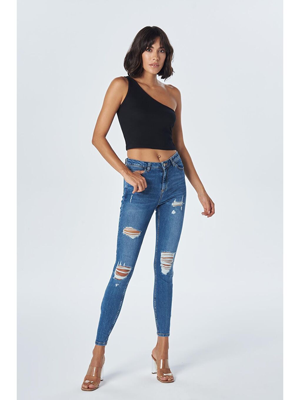 Judy Orta Mavi Yüksek Bel Yıpratmalı Skinny Fit Jean Pantolon C 4521-156