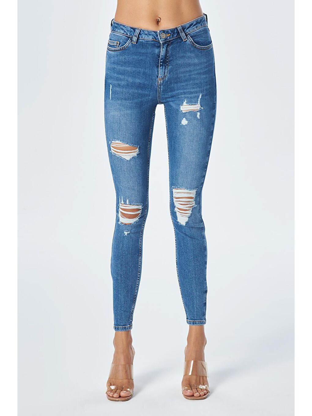 Judy Orta Mavi Yüksek Bel Yıpratmalı Skinny Fit Jean Pantolon C 4521-156-1
