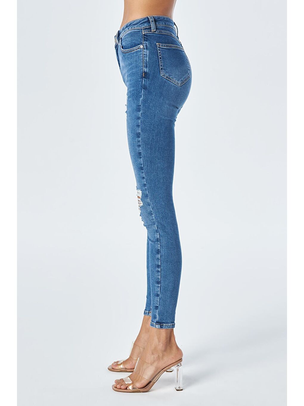 Judy Orta Mavi Yüksek Bel Yıpratmalı Skinny Fit Jean Pantolon C 4521-156-2