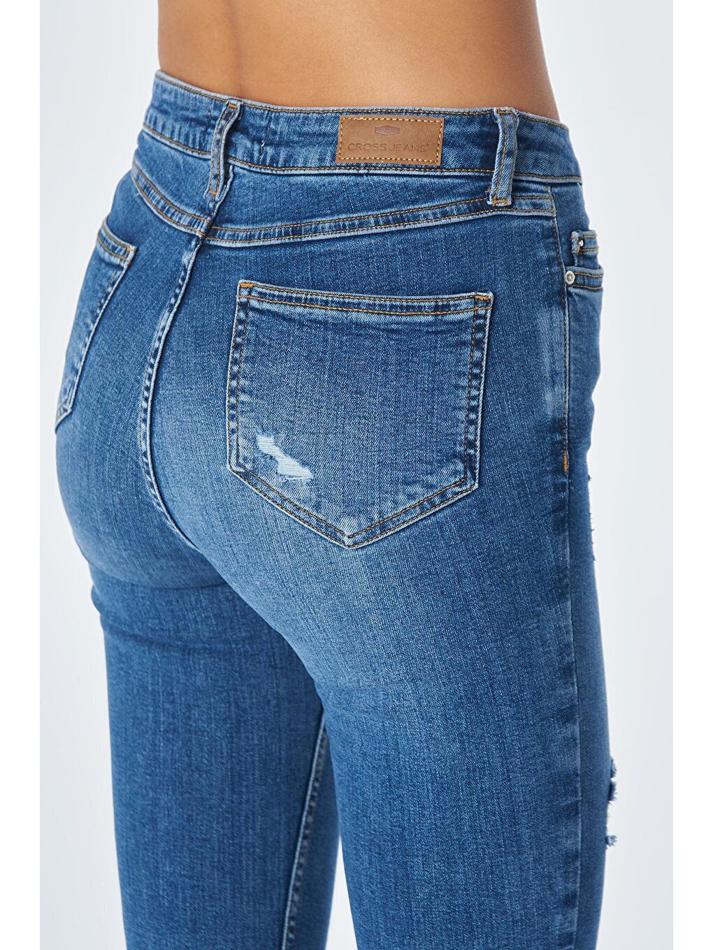 Judy Orta Mavi Yüksek Bel Yıpratmalı Skinny Fit Jean Pantolon C 4521-156-4