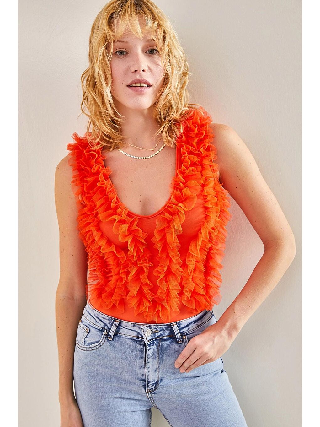 Turuncu Kadın Tül Desenli Çıtçıtlı Zıbın