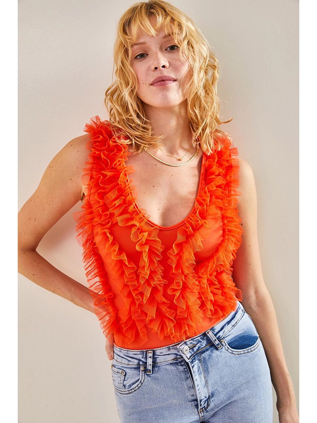 Turuncu Kadın Tül Desenli Çıtçıtlı Zıbın-1