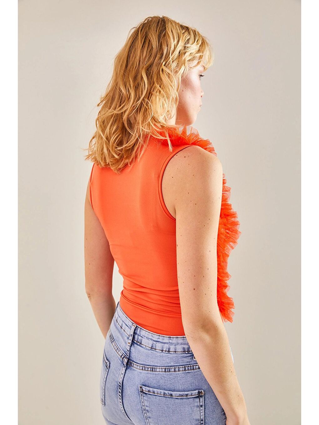 Turuncu Kadın Tül Desenli Çıtçıtlı Zıbın-2