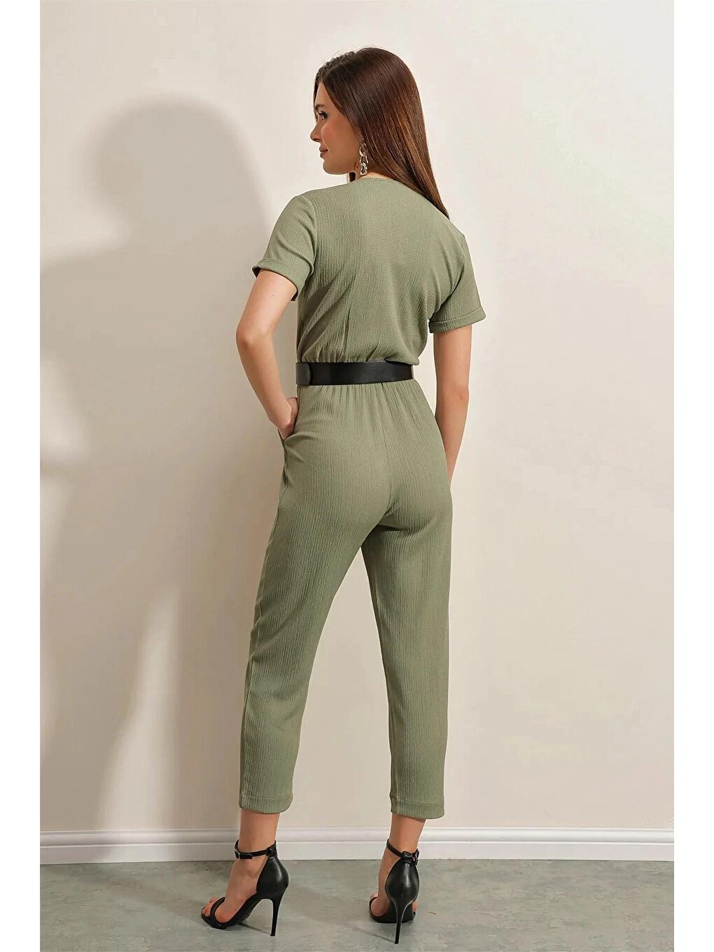 Haki Kısa Kol Kruvaze Yaka Kemerli Tulum-3