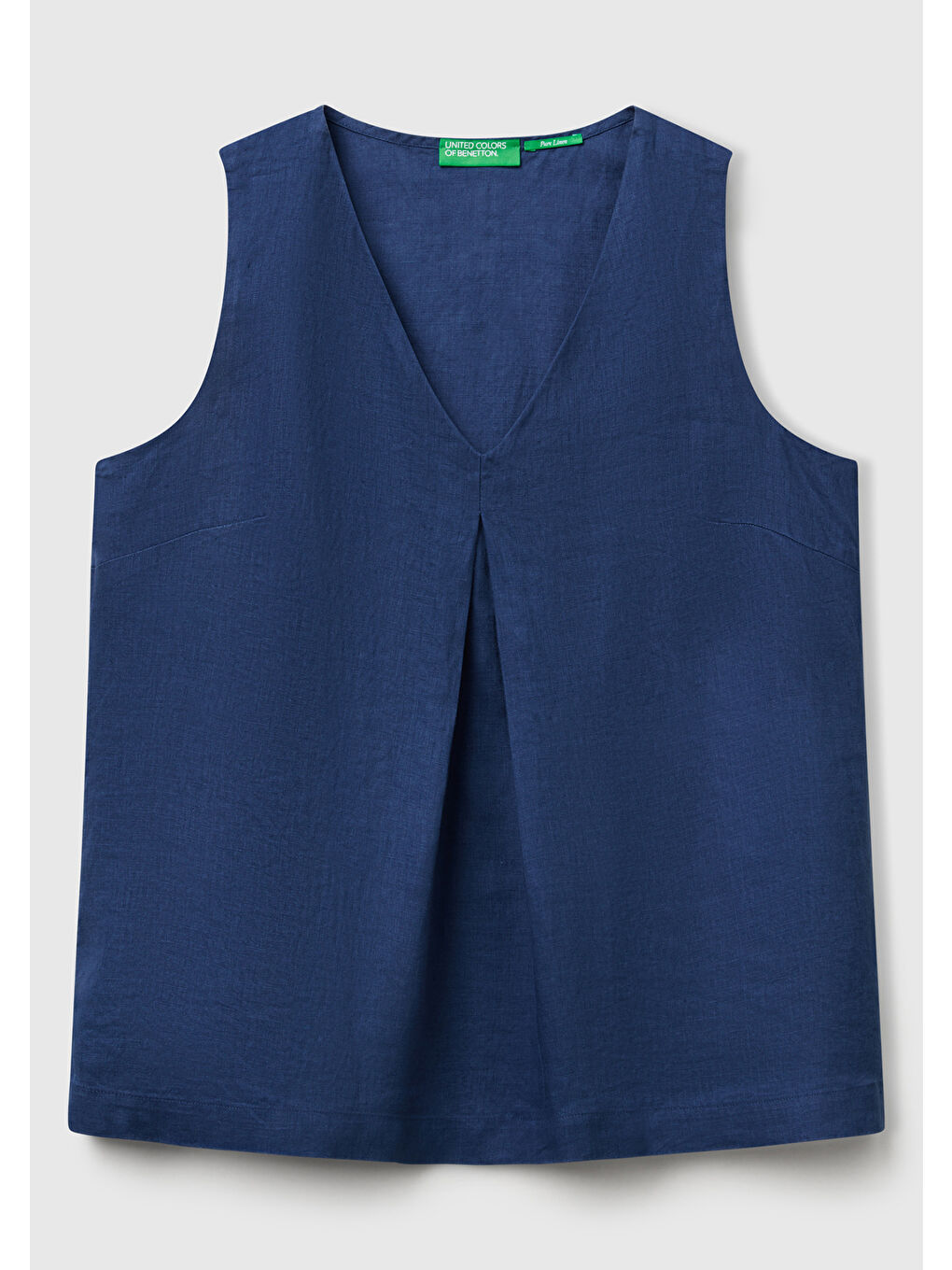 Kadın Gece Mavisi %100 Keten V Yaka Kolsuz Geniş Kesim Bluz-1