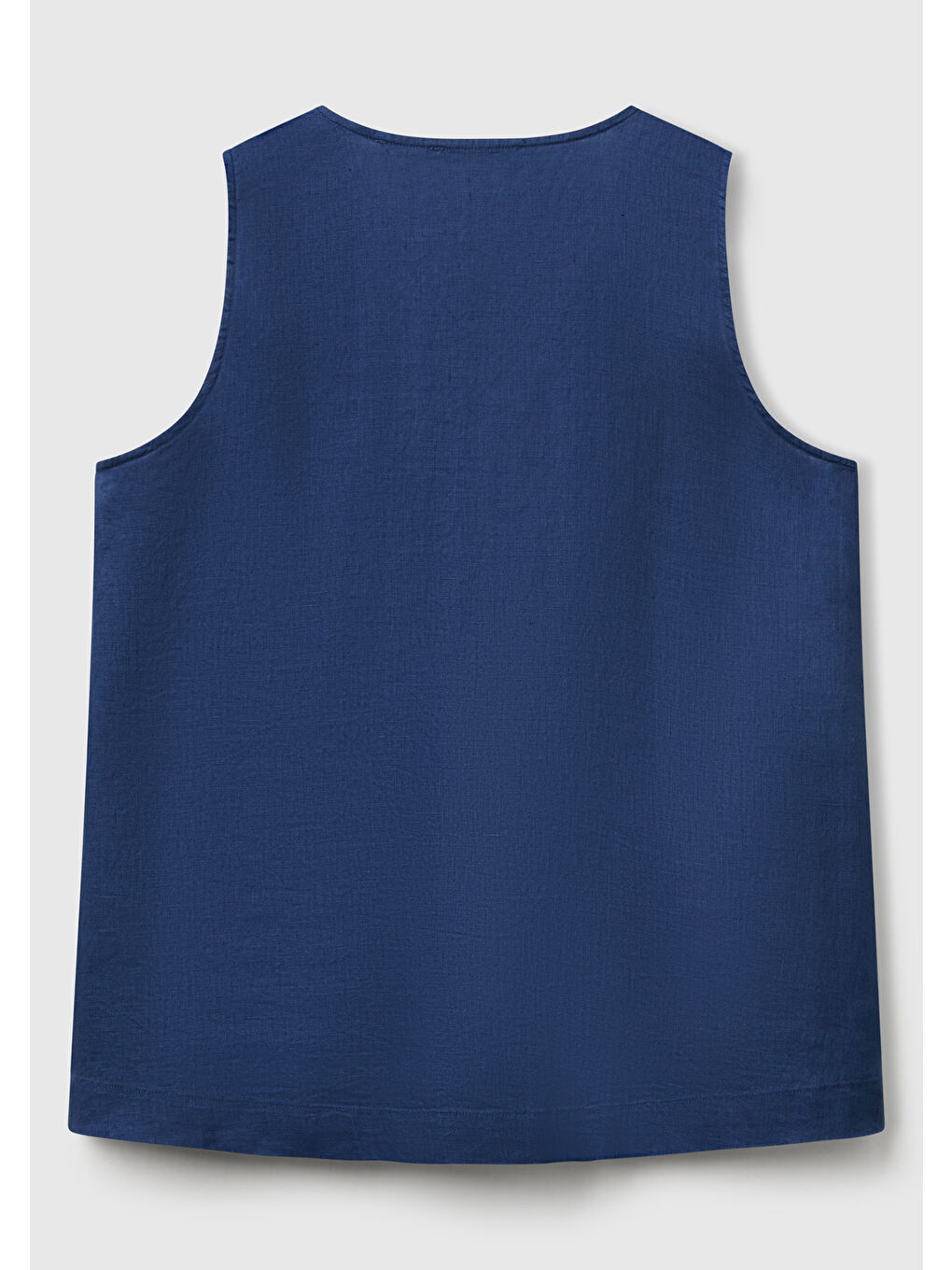 Kadın Gece Mavisi %100 Keten V Yaka Kolsuz Geniş Kesim Bluz-3