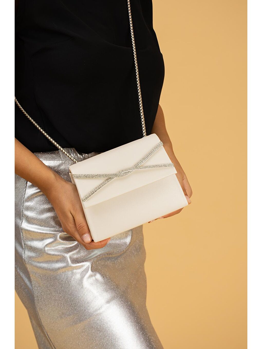 Bej Taş Şeritli & Zincir Askılı Kadın Abiye Çanta BAG3000-23