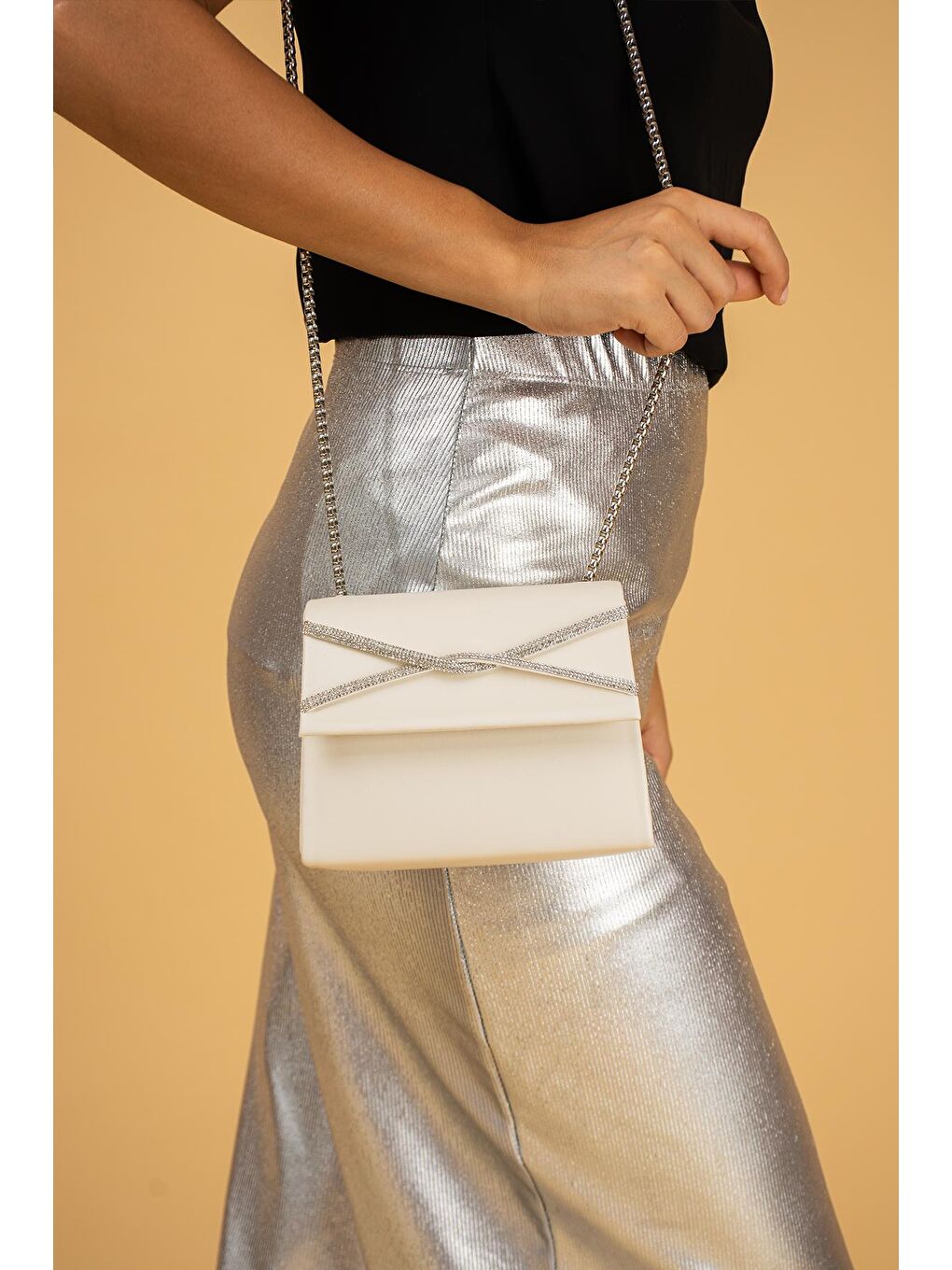 Bej Taş Şeritli & Zincir Askılı Kadın Abiye Çanta BAG3000-23-1