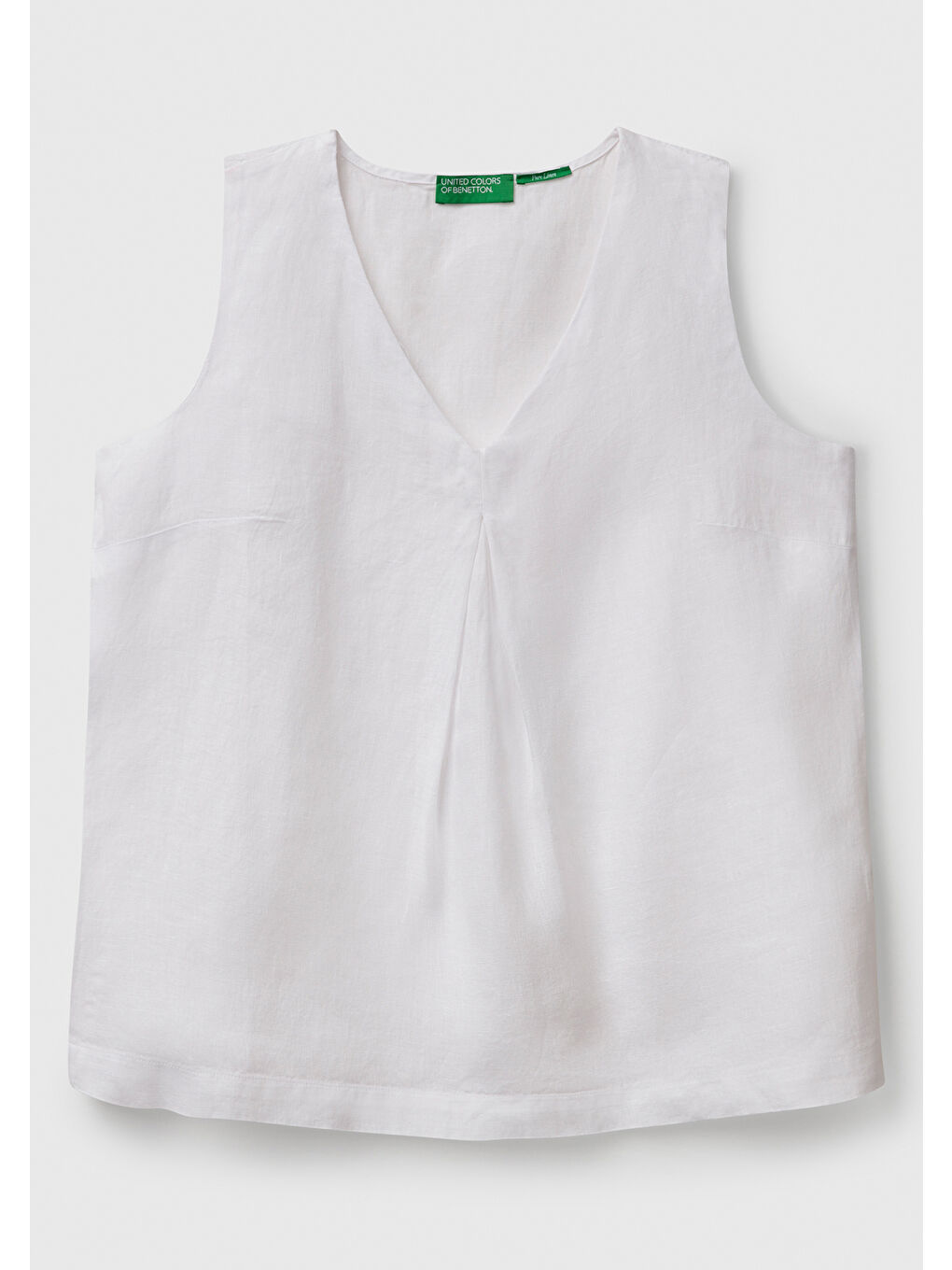 Kadın Beyaz %100 Keten V Yaka Kolsuz Geniş Kesim Bluz-1