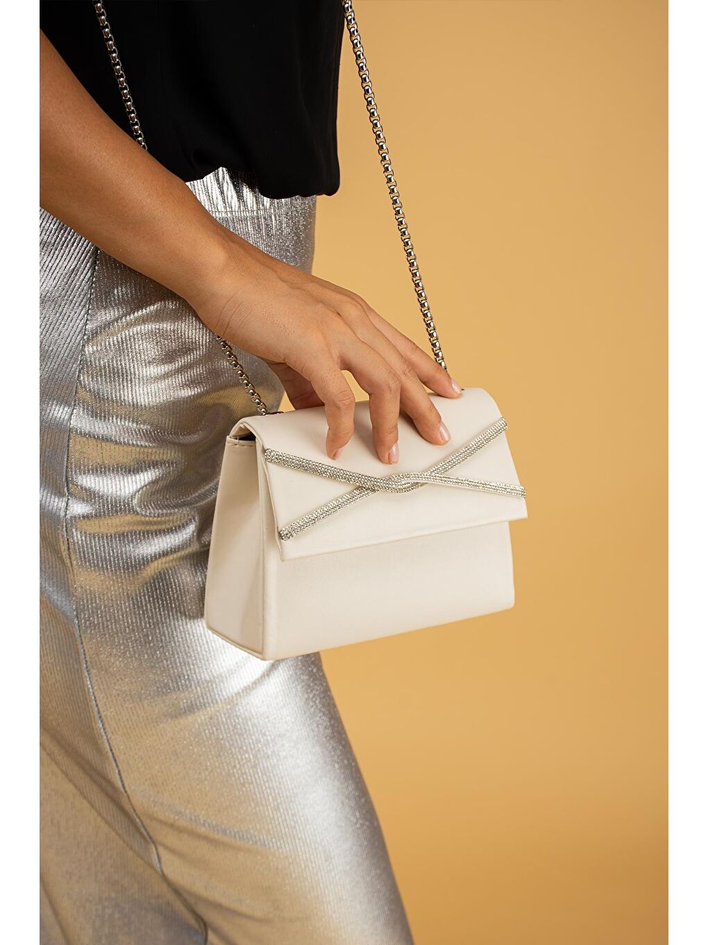 Bej Taş Şeritli & Zincir Askılı Kadın Abiye Çanta BAG3000-23-2