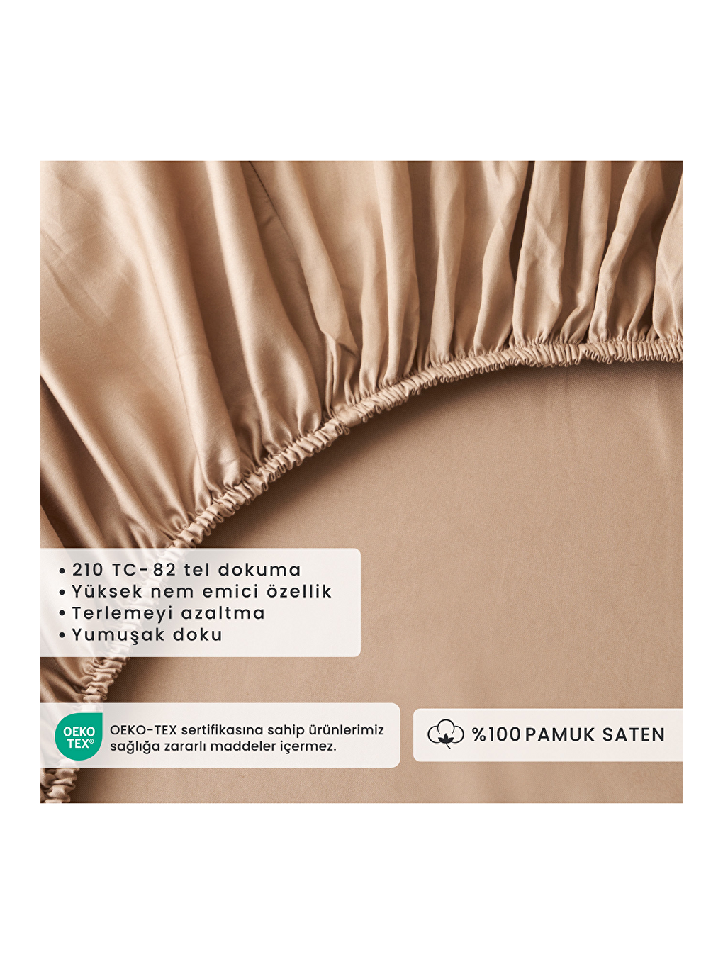 Bej %100 Pamuk Saten Supreme Çift Kişilik Lastikli Çarşaf Vizon (160x200x35 Cm)-1