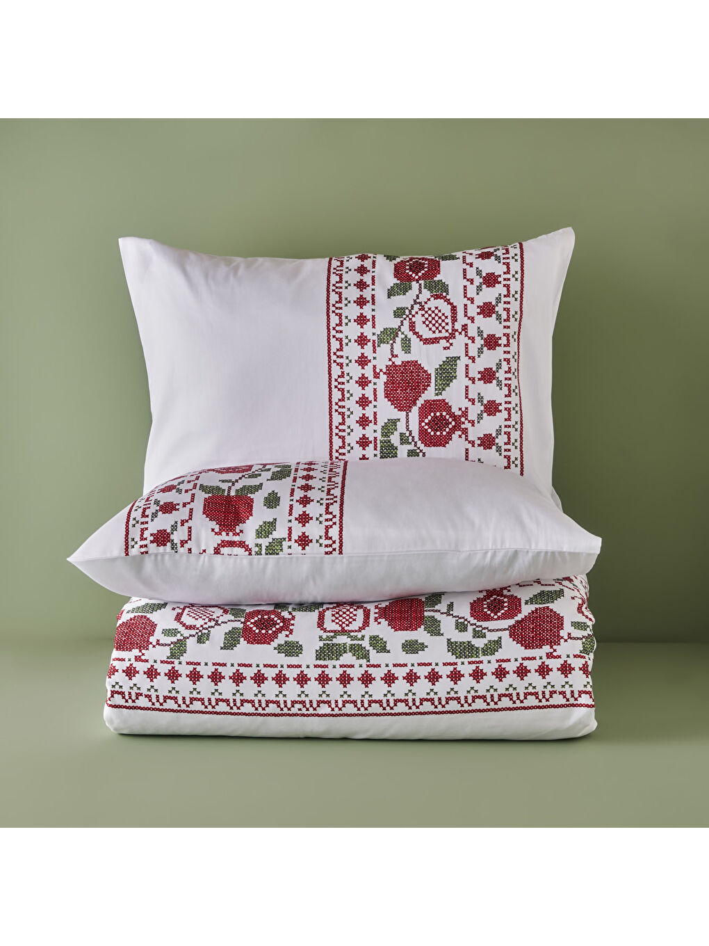 %100 Pamuk Saten Jolly King Size Nevresim Seti Kırmızı-Yeşil (240x220 cm)-3