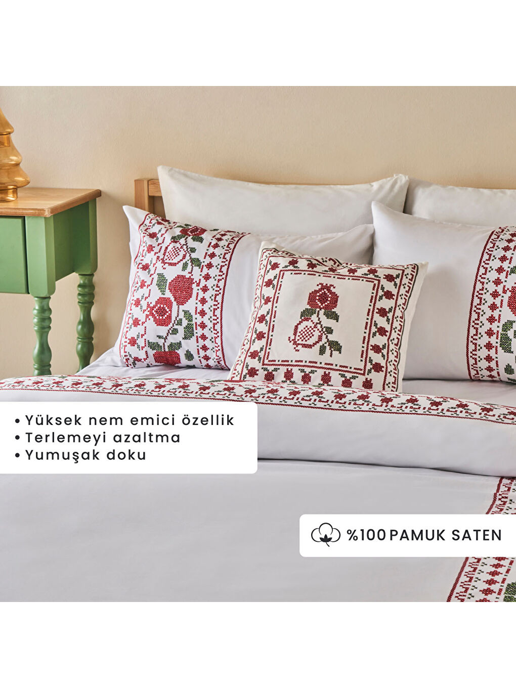 %100 Pamuk Saten Jolly Çift Kişilik Nevresim Seti Kırmızı (200x220 cm)-1