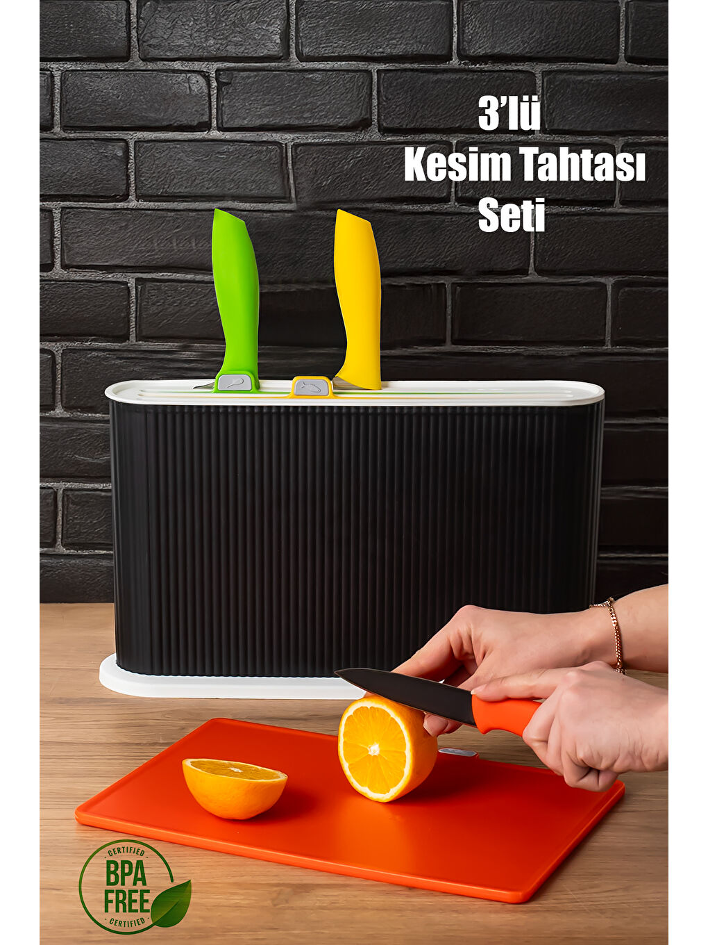 Gri 1075 Standlı Bıçaklı Çoklu Kesme Tahtası Seti - Standlı Kesim Panosu- Antrasit-beyaz