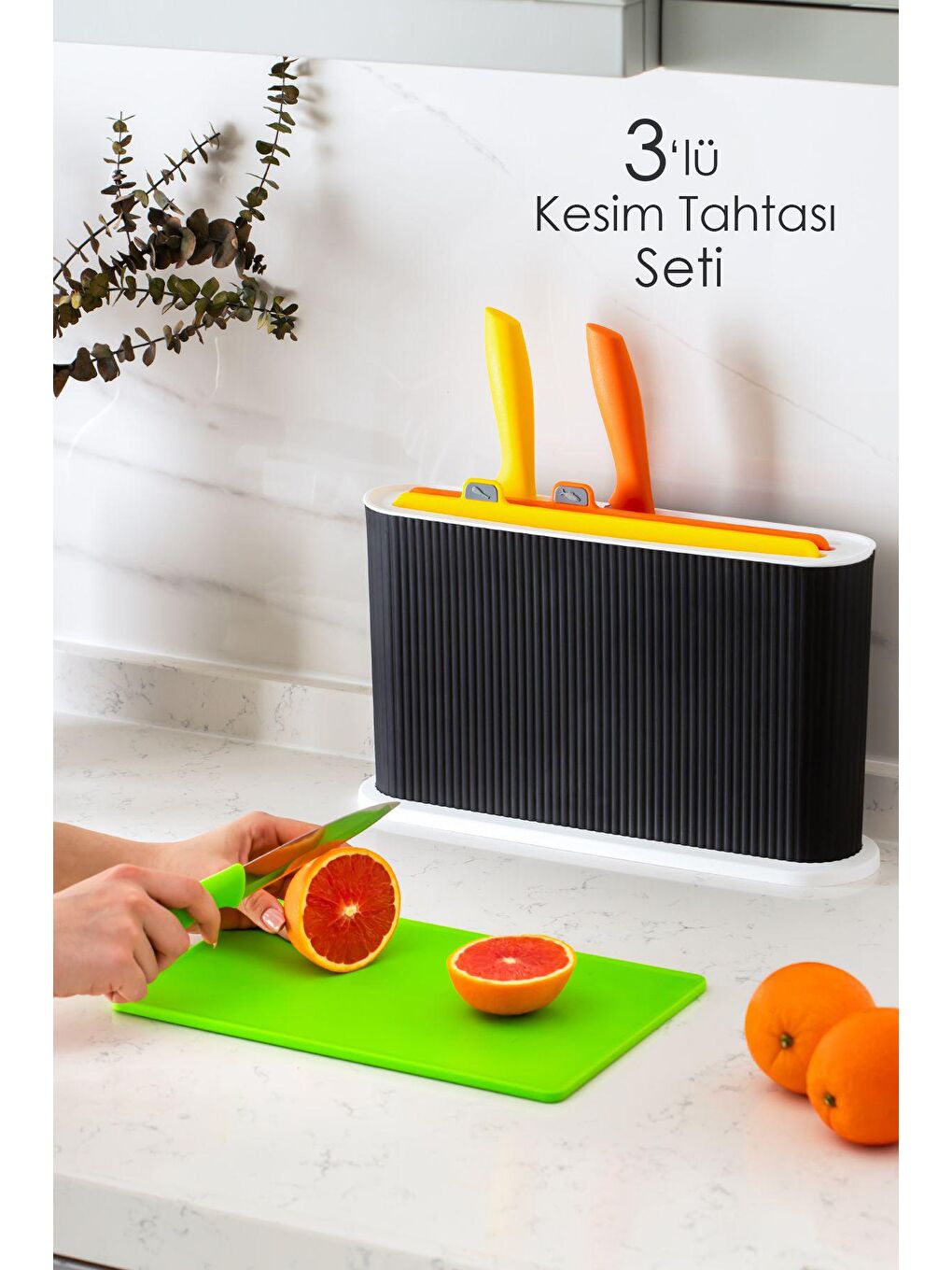 Gri 1075 Standlı Bıçaklı Çoklu Kesme Tahtası Seti - Standlı Kesim Panosu- Antrasit-beyaz-1