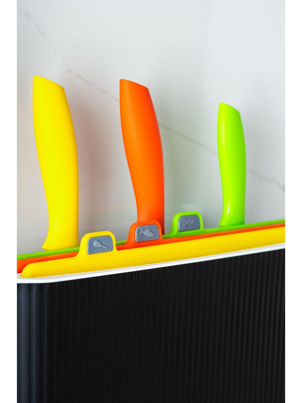 Gri 1075 Standlı Bıçaklı Çoklu Kesme Tahtası Seti - Standlı Kesim Panosu- Antrasit-beyaz-2