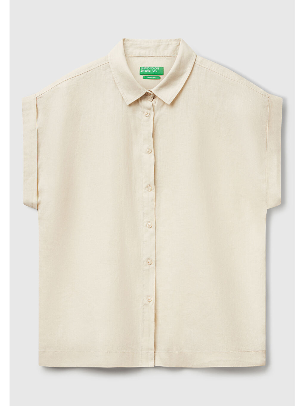 Kadın Bej %100 Keten Omuz Detaylı Kısa Kollu Gömlek-1