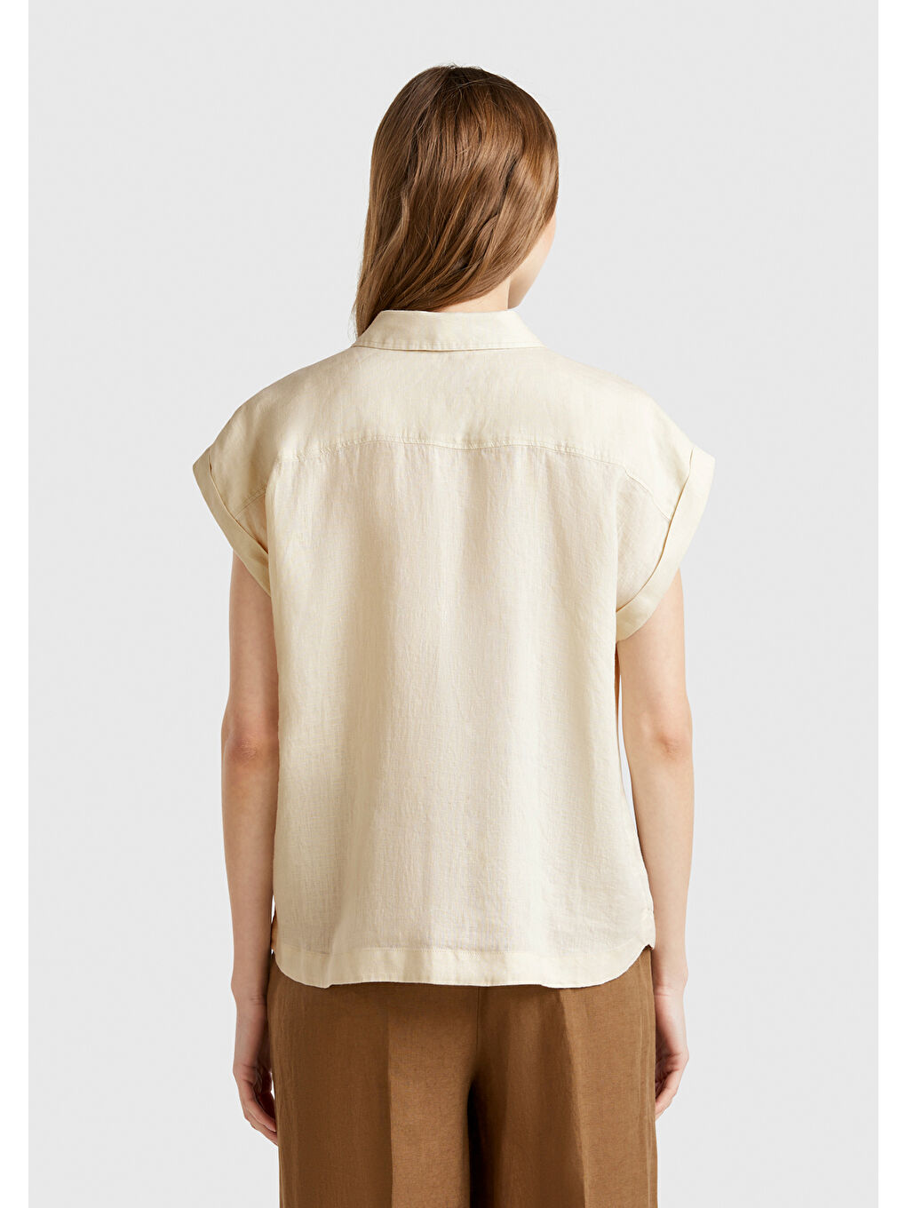 Kadın Bej %100 Keten Omuz Detaylı Kısa Kollu Gömlek-2