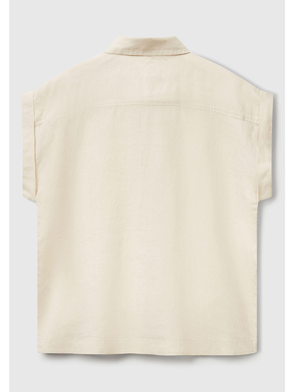 Kadın Bej %100 Keten Omuz Detaylı Kısa Kollu Gömlek-3