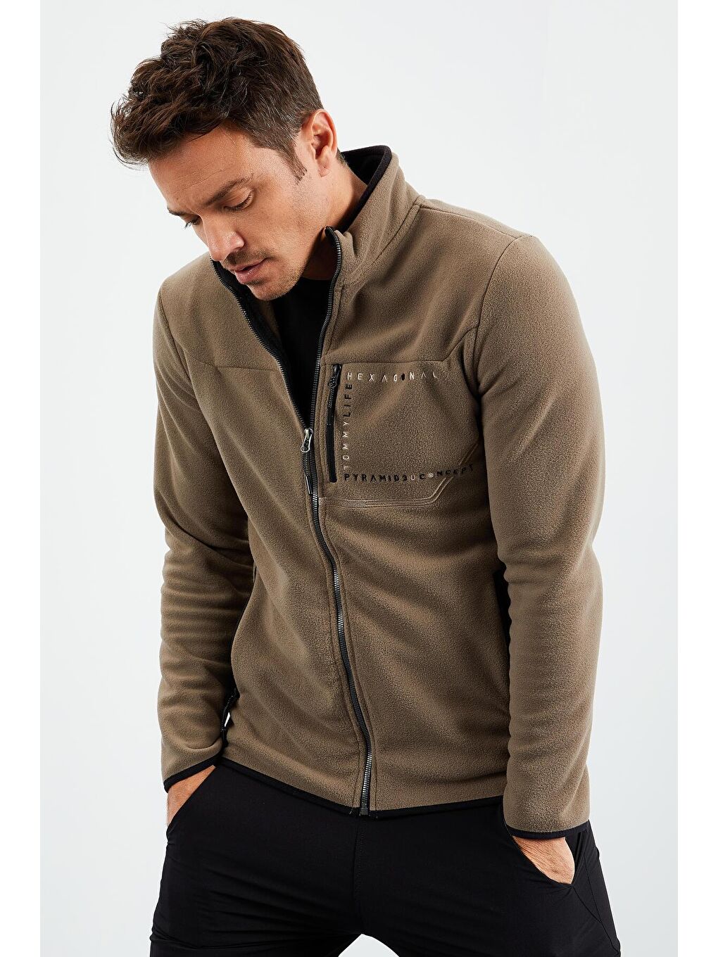 Kahverengi Camel  Üç Cepli Standart Kalıp Dik Yaka Erkek Fermuarlı Sweatshirt Hırka Polar  - 87995