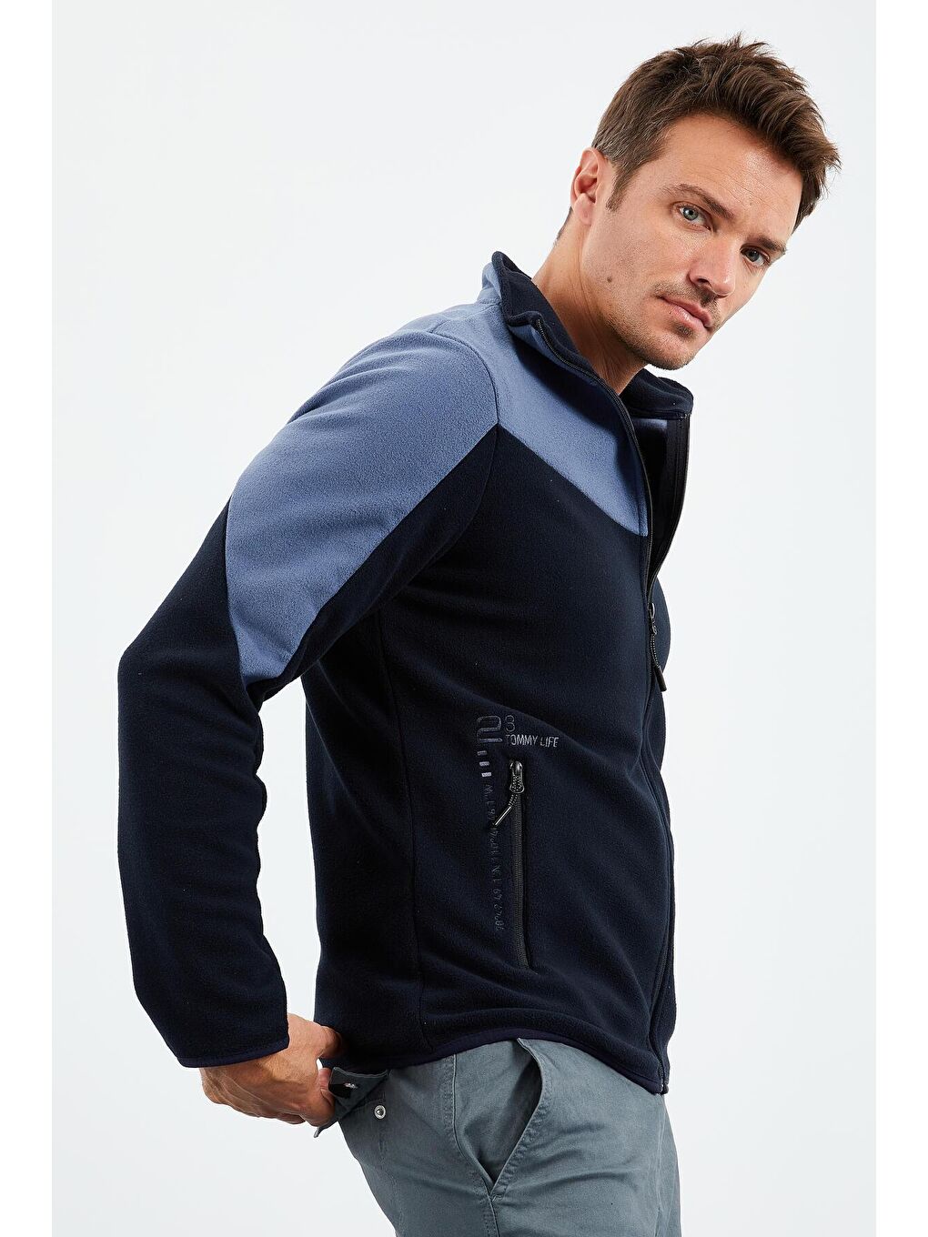 Lacivert İki Renkli  Dik Yaka Standart Kalıp Erkek Fermuarlı Sweatshirt Hırka Polar - 87994