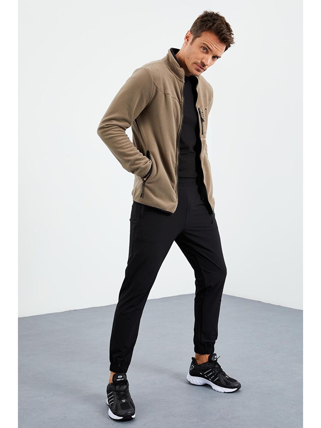 Kahverengi Camel  Üç Cepli Standart Kalıp Dik Yaka Erkek Fermuarlı Sweatshirt Hırka Polar  - 87995-2