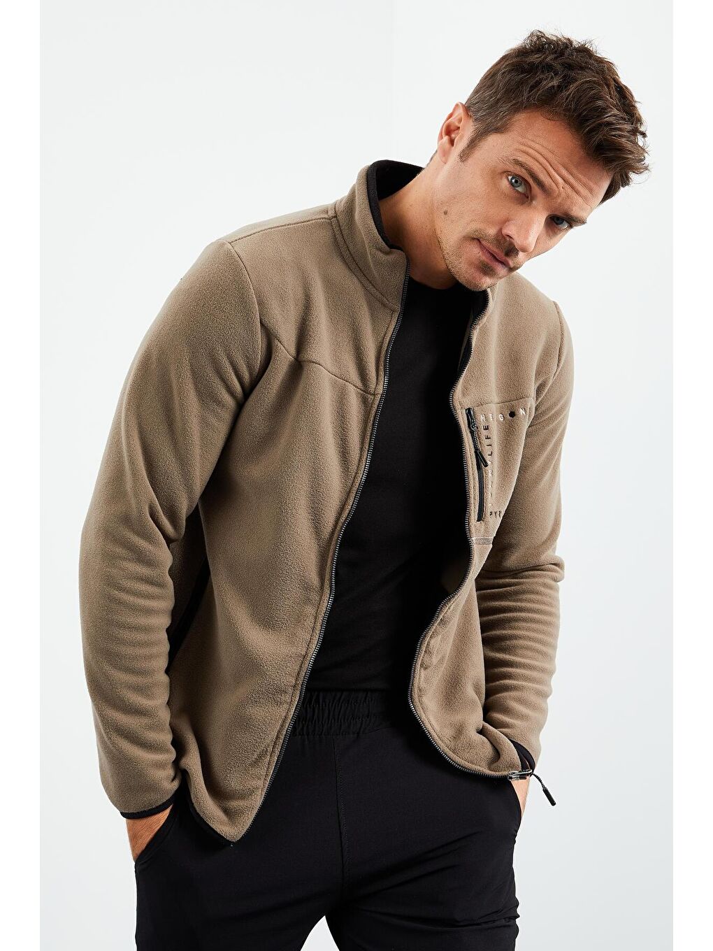 Kahverengi Camel  Üç Cepli Standart Kalıp Dik Yaka Erkek Fermuarlı Sweatshirt Hırka Polar  - 87995-3