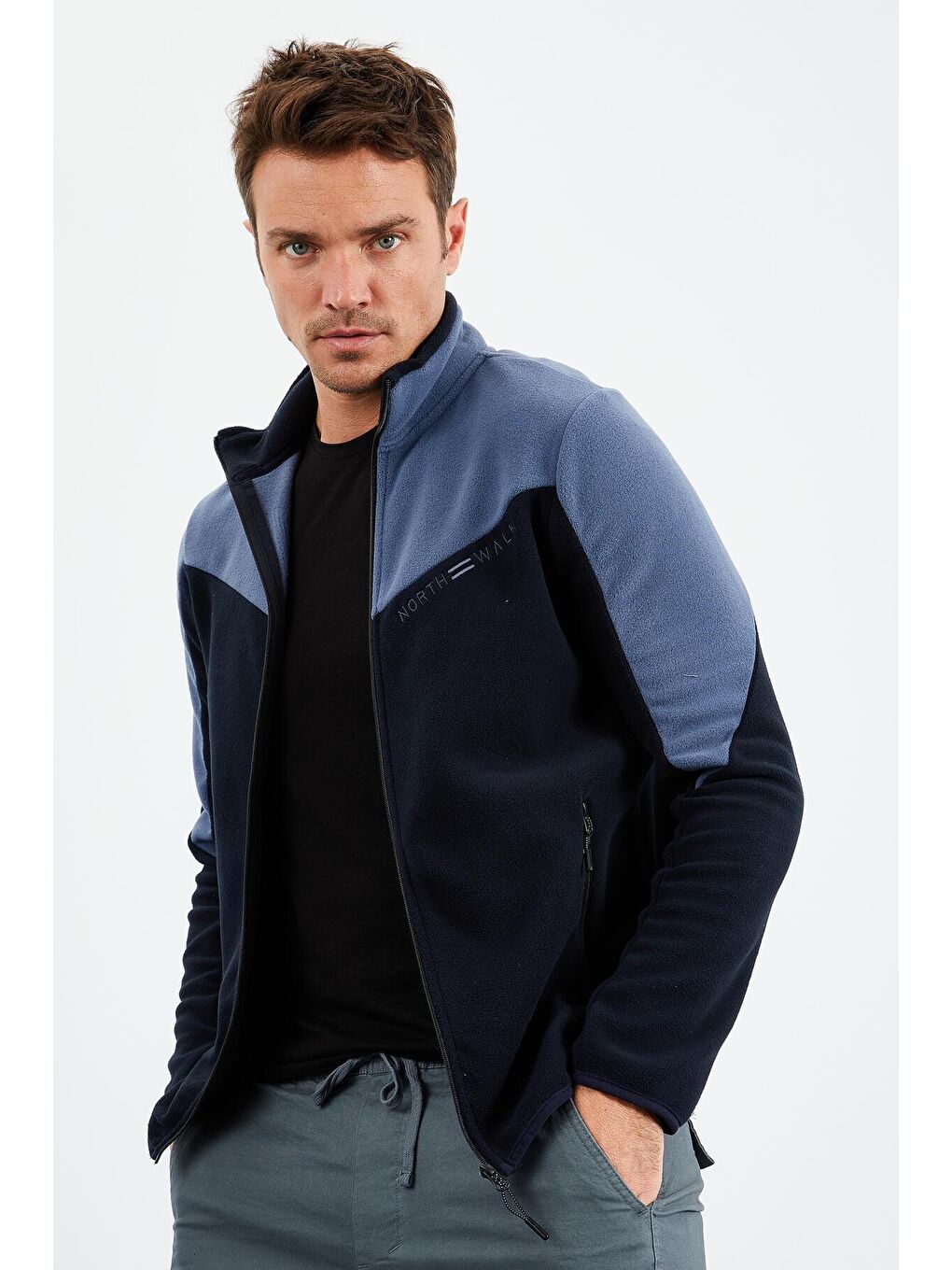 Lacivert İki Renkli  Dik Yaka Standart Kalıp Erkek Fermuarlı Sweatshirt Hırka Polar - 87994-2