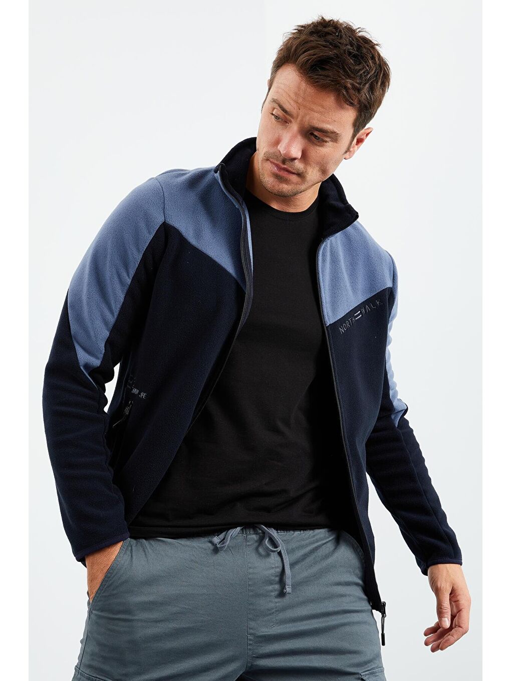 Lacivert İki Renkli  Dik Yaka Standart Kalıp Erkek Fermuarlı Sweatshirt Hırka Polar - 87994-4