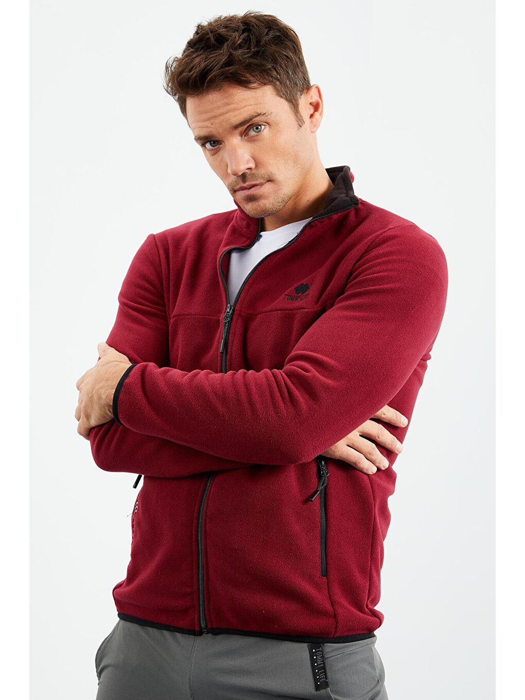 TOMMYLIFE Bordo Erguvan Yazı Nakışlı Dik Yaka Fermuarlı Standart Kalıp Erkek Sweatshirt Polar - 87992 - 2