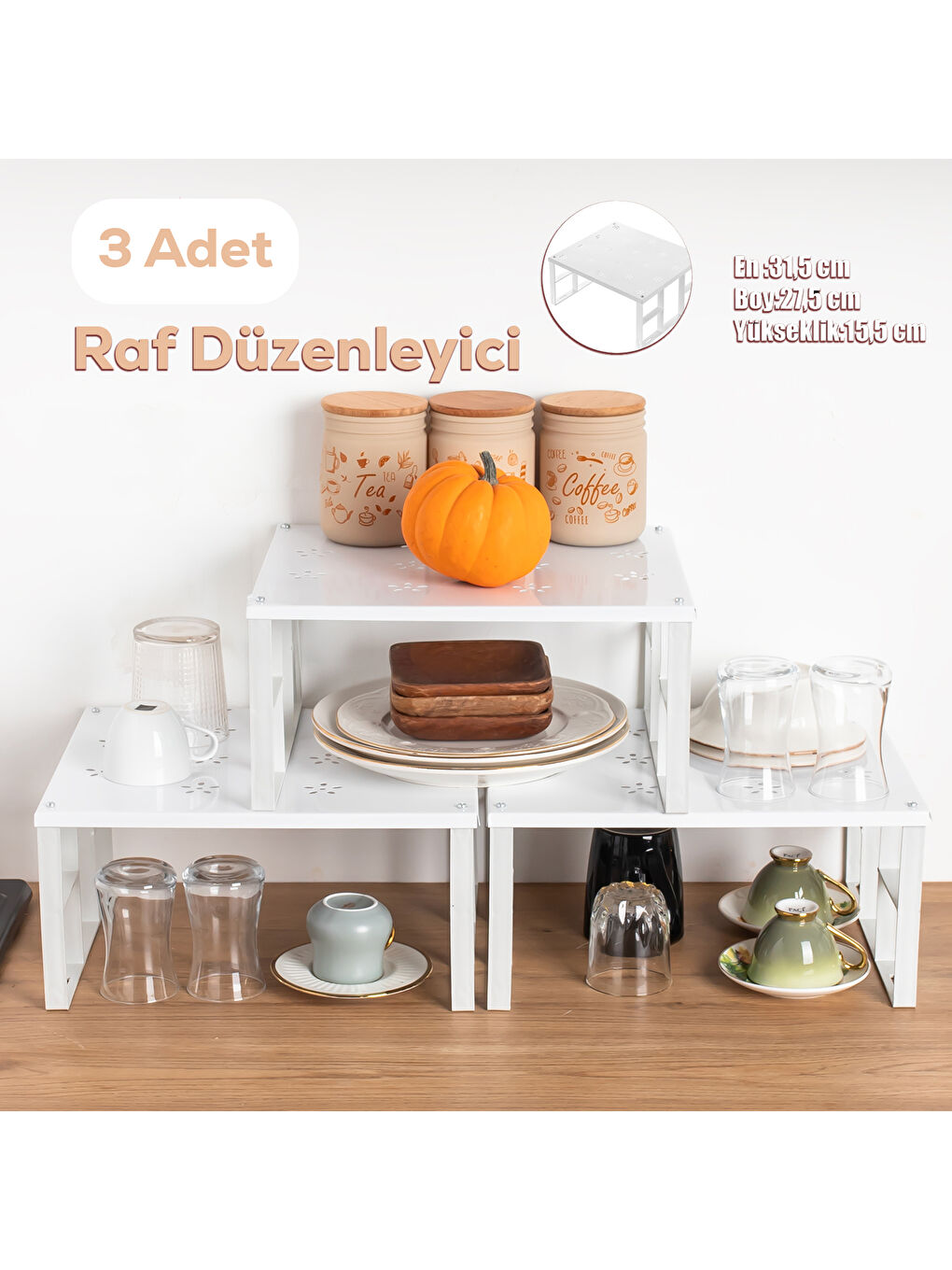 Beyaz Dükkanönü Dolap Içi Düzenleyici Raf Tabak Bardak Rafı Metal Raf 3'lü