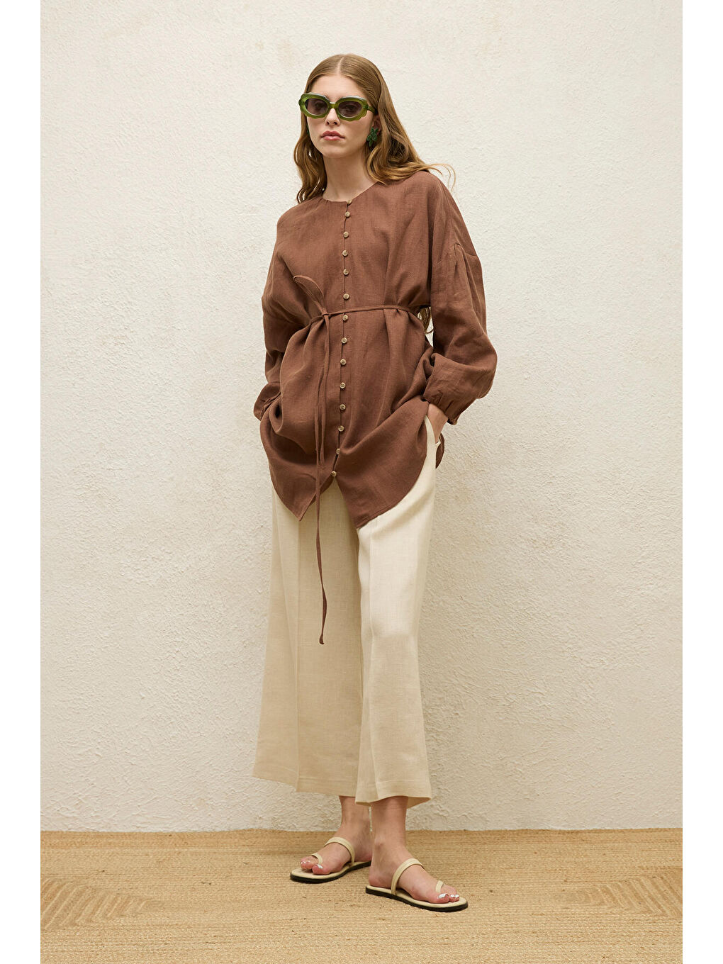 Keten Balon Kol Gömlek Kahverengi-1
