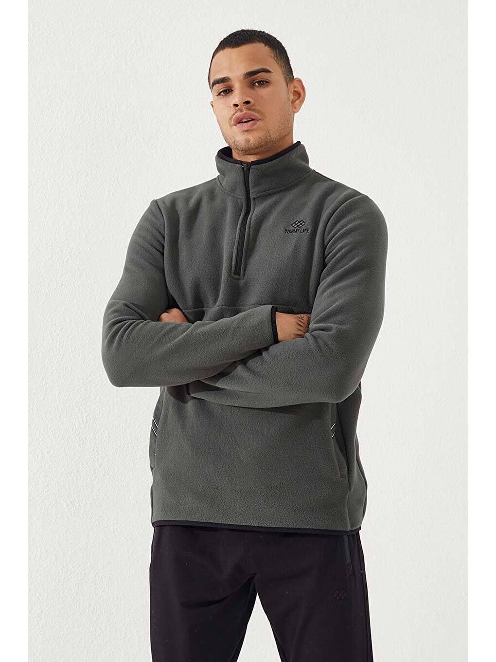 Haki Yarım Fermuarlı Sweatshirt Slim Fit Dik Yaka Erkek Polar - 87891-3