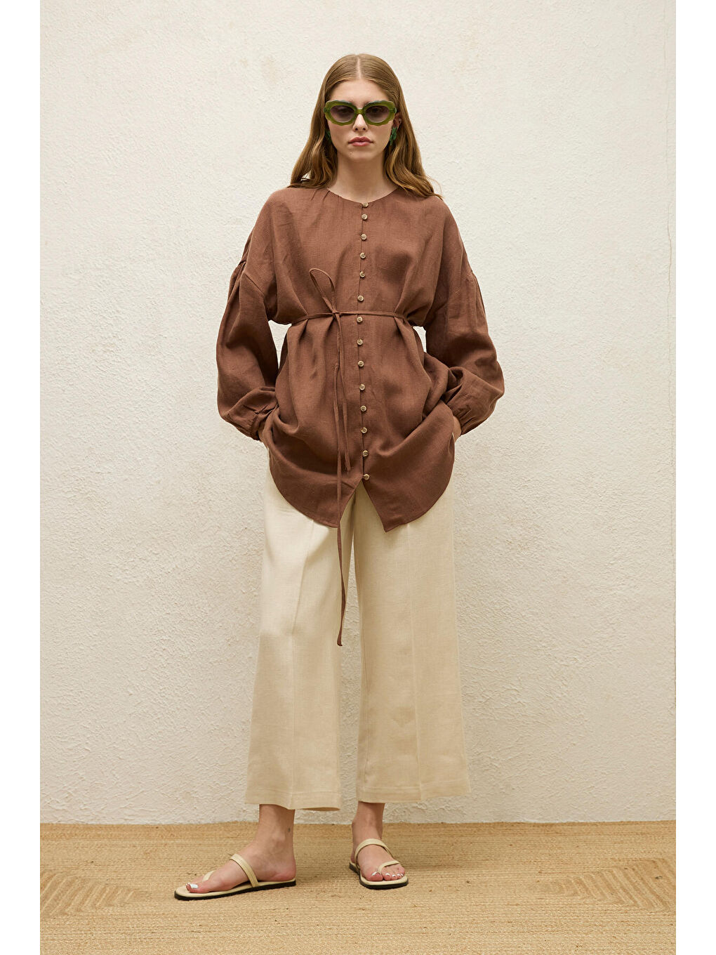Keten Balon Kol Gömlek Kahverengi-2