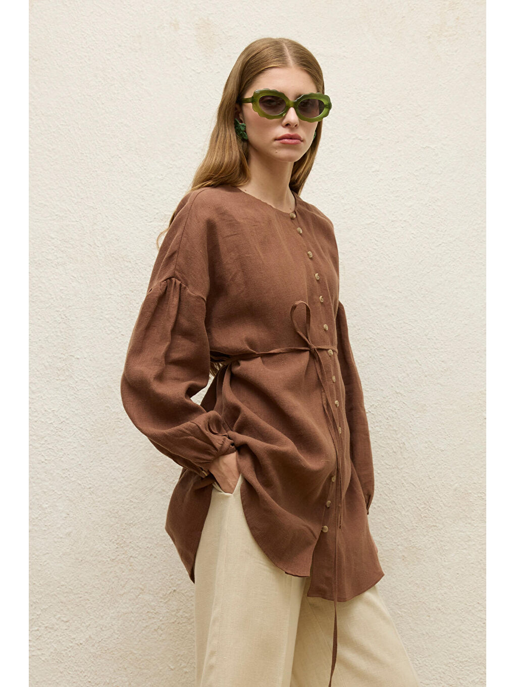 Keten Balon Kol Gömlek Kahverengi-3