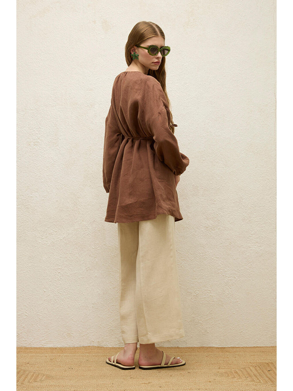 Keten Balon Kol Gömlek Kahverengi-4