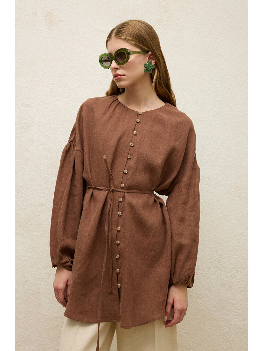 Keten Balon Kol Gömlek Kahverengi-5