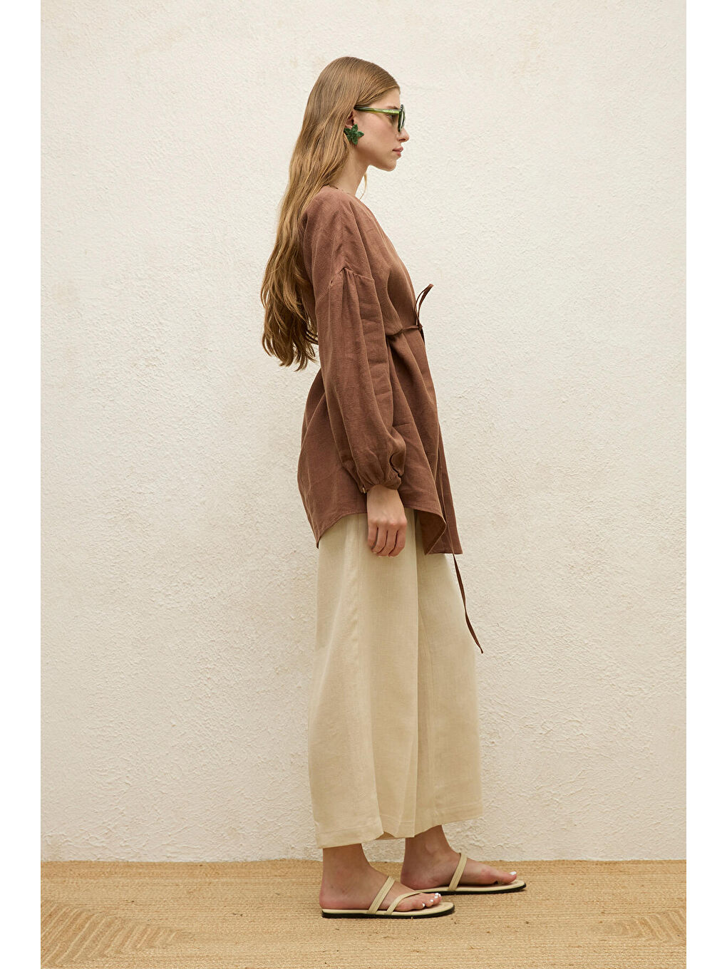 Keten Balon Kol Gömlek Kahverengi-6