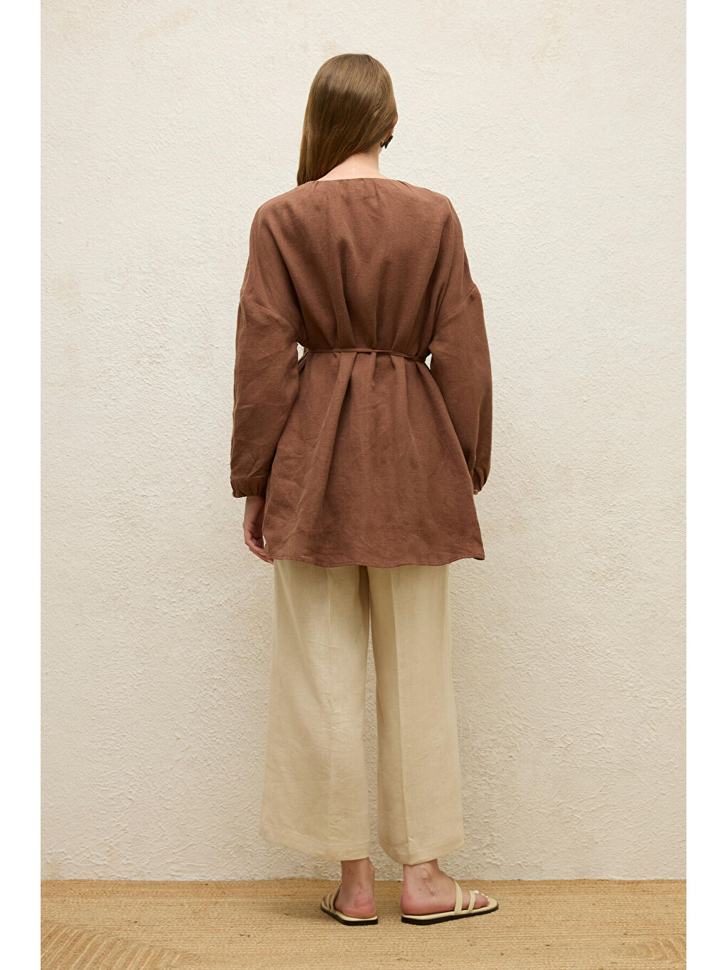 Keten Balon Kol Gömlek Kahverengi-7