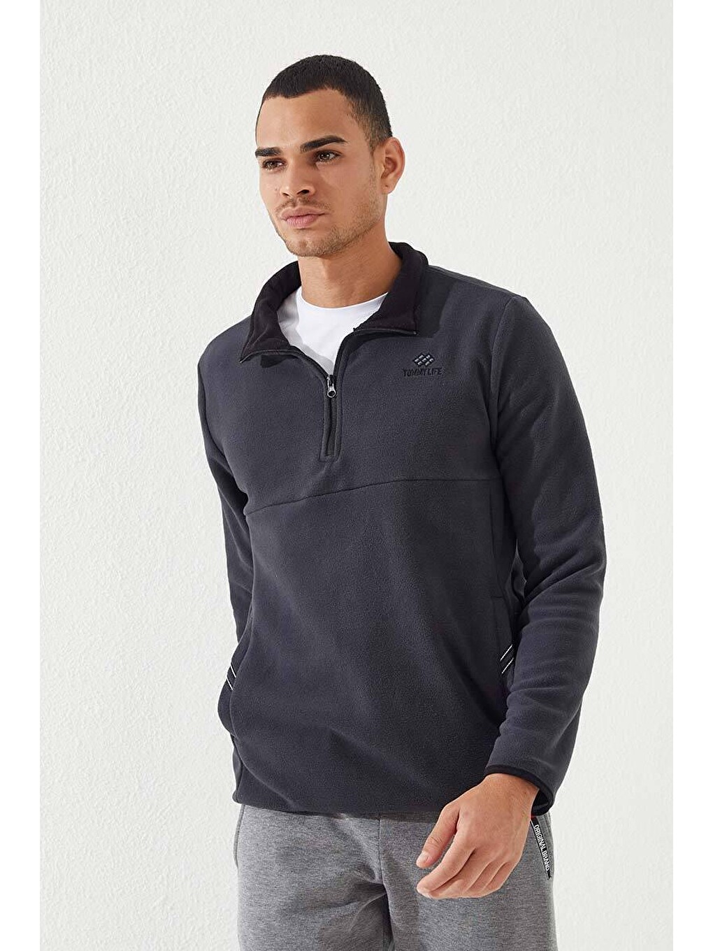 Antrasit Yarım Fermuarlı Sweatshirt Slim Fit Dik Yaka Erkek Polar - 87891