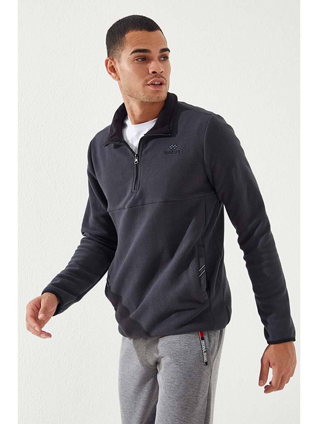 Antrasit Yarım Fermuarlı Sweatshirt Slim Fit Dik Yaka Erkek Polar - 87891-1
