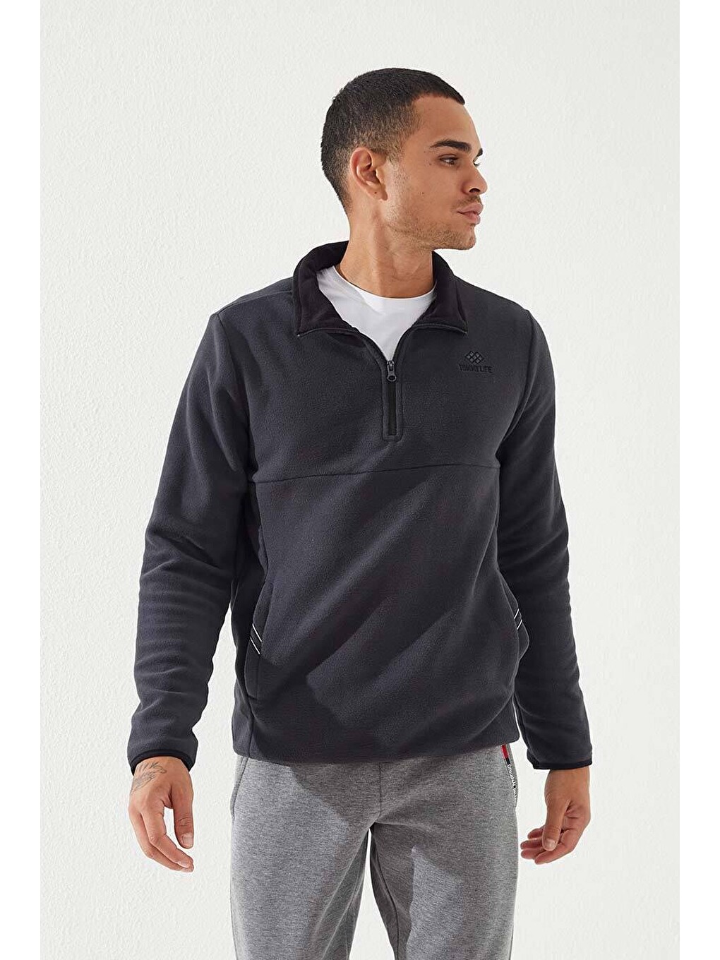 Antrasit Yarım Fermuarlı Sweatshirt Slim Fit Dik Yaka Erkek Polar - 87891-4