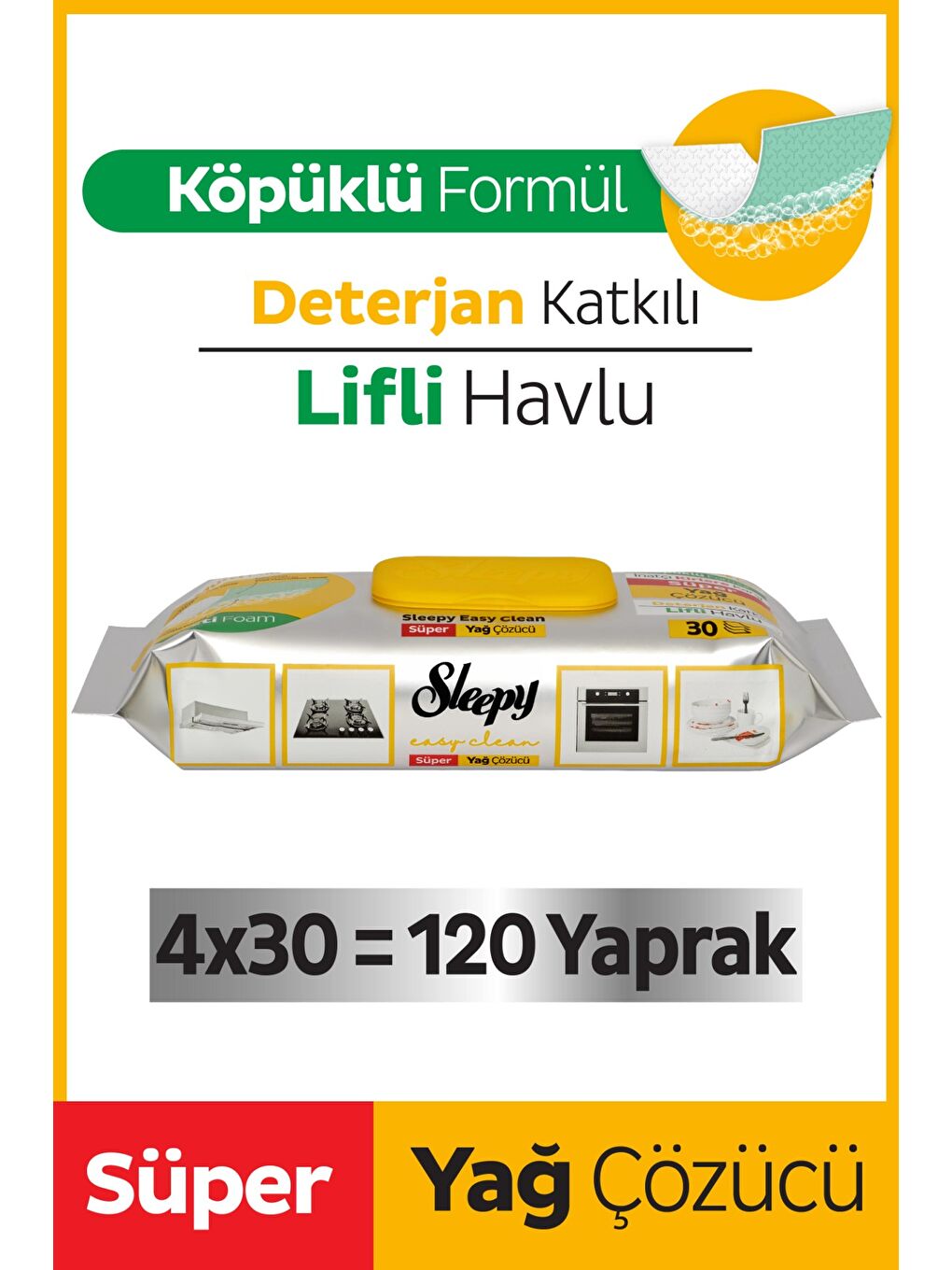 Sleepy Easy Clean Süper Yağ Çözücü Yüzey Temizlik Havlusu&mendili 4x30 (120 Yaprak)
