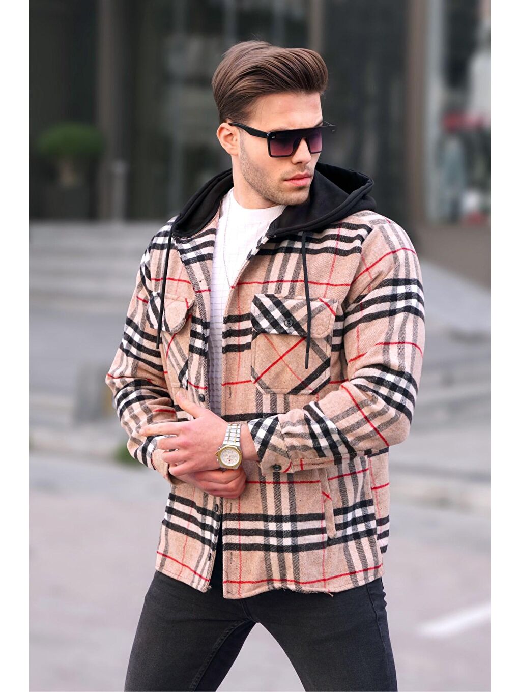 Bej Camel Kapüşonlu Ekoseli Erkek Oduncu Gömlek 5582