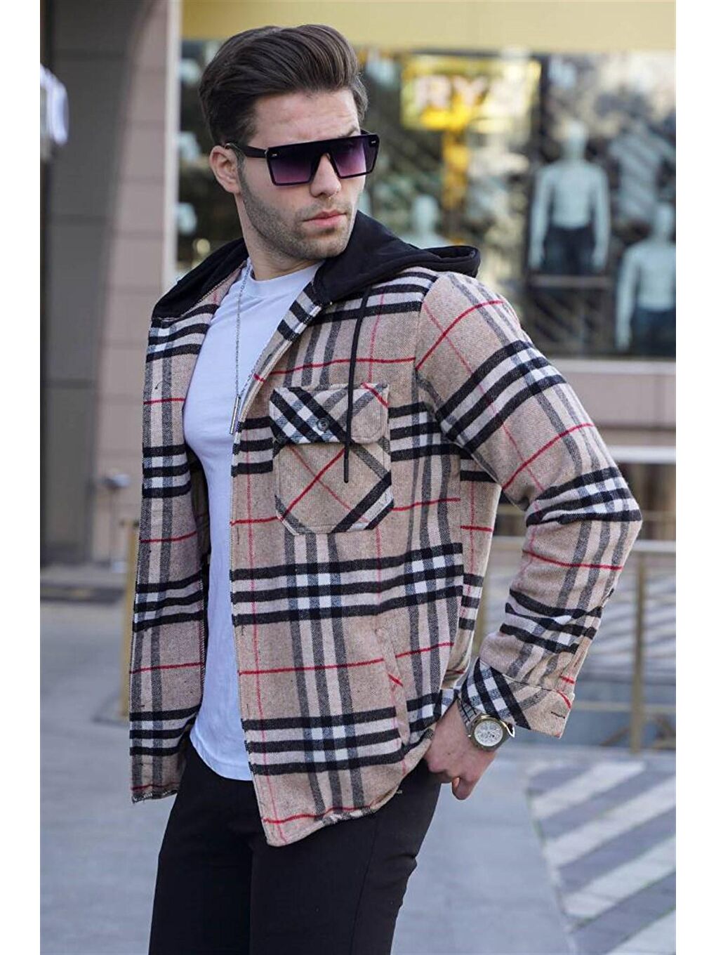 Bej Camel Kapüşonlu Ekoseli Erkek Oduncu Gömlek 5582-1